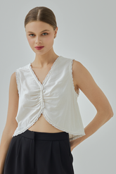 Frey Linen Ruched Front Vest Crop Top